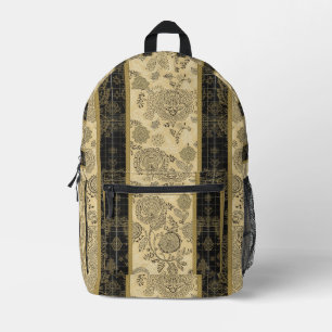 Mochila Impresa Tapiz Floral de Damasco Negro y Dorado Vintage