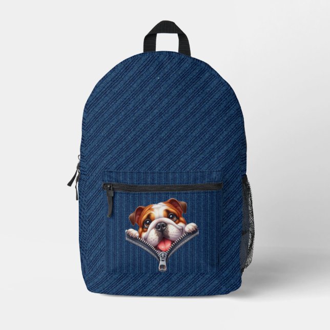 Mochila Impresa Tela de denim de cachorro de bulldog (Anverso)