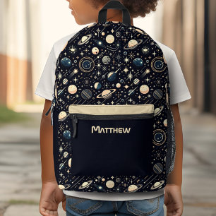 Mochila Impresa Tema de espacio exterior retro moderno con nombre 
