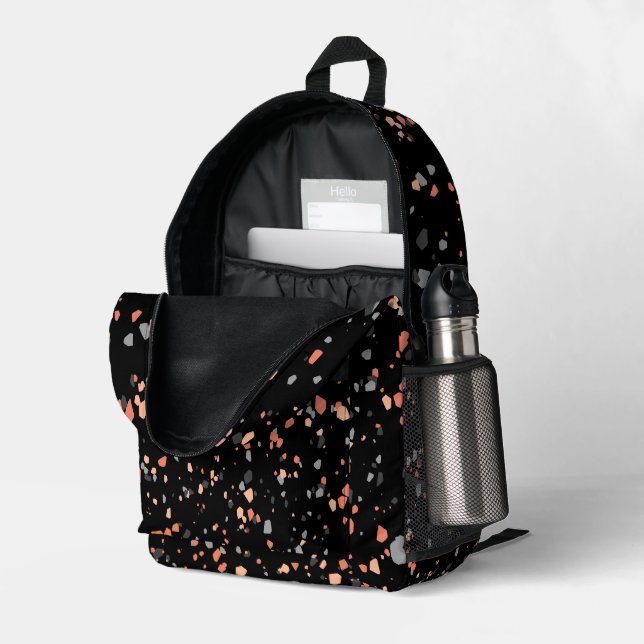 Mochila Impresa Terrazo geométrico de melocotón negro moderno (Esquina trasera derecha (abierta))