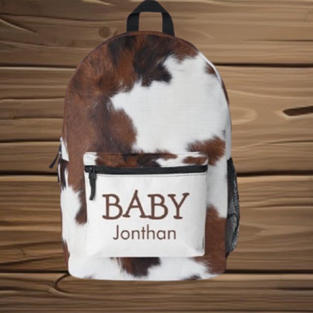 Mochila Impresa Textos de Pieles de vaca marrones y blancos para v (Carry your essentials with love and style in our Baby Cow Brown and White Cowhide Printed Backpack)