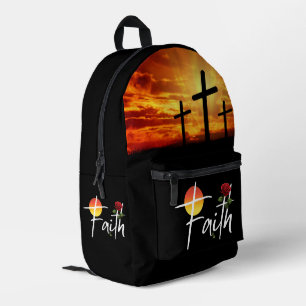 Mochila Impresa Tipografía Blanca Fe Con Rosa Y Cruz