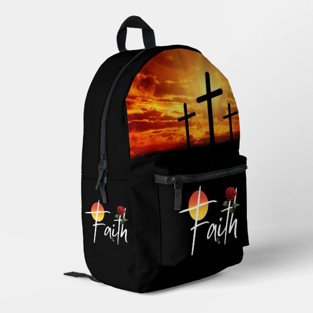 Mochila Impresa Tipografía Blanca Fe Con Rosa Y Cruz (Esquina izquierda trasera)