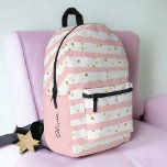 Mochila Impresa Tiras y puntos de tinta de Chica con nombre<br><div class="desc">Un patrón divertido para los chicas con rayas horizontales rosas y blancas con puntos dorados dispersos alrededor hace de esto una linda elección en mochilas. Una plantilla de texto a lo largo del lado izquierdo del diseño especifica su nombre u otro texto deseado. Simplemente personalice el texto de ejemplo como...</div>