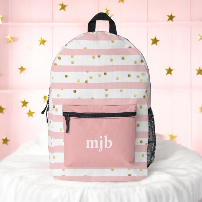 Mochila Impresa Tiras y puntos rosados con Chicas monogramas (Personalize with your monogram initials.)