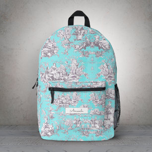 Mochila Impresa Toile de Jouy Floral Acuarela Azul Vintage Monogra