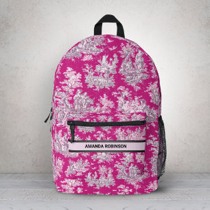Mochila Impresa Toile de Jouy Monograma Floral Magenta Rosa Vintag