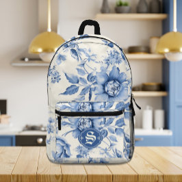 Mochila Impresa Toile Francés Floral Azul Chinoiserie Personalizad
