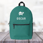 Mochila Impresa Tortuga Tortoise Aqua Green Monograma Nombre<br><div class="desc">Un diseño personalizado en un fondo verde agua con un icono de tortuga de tortuga en blanco que se puede reemplazar fácilmente subiendo tu propio logo, imagen o motivo! El nombre de monograma personalizado en la tipografía blanca moderna de bloques puede ser reemplazado por su propio nombre o texto personalizado....</div>