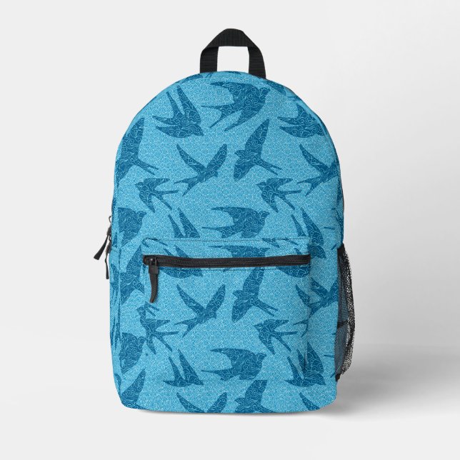 Mochila Impresa Trague japonés en vuelo, índigo y azul claro (Anverso)
