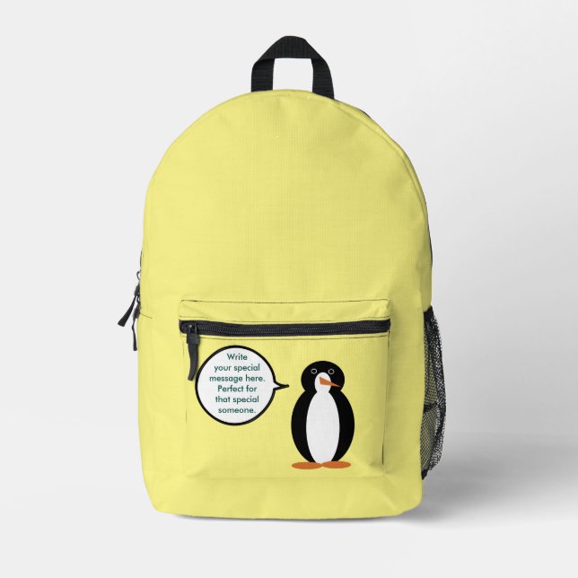 Mochila Impresa Traje de Cumpleaños Ms. Pingüino Personalizable (Anverso)