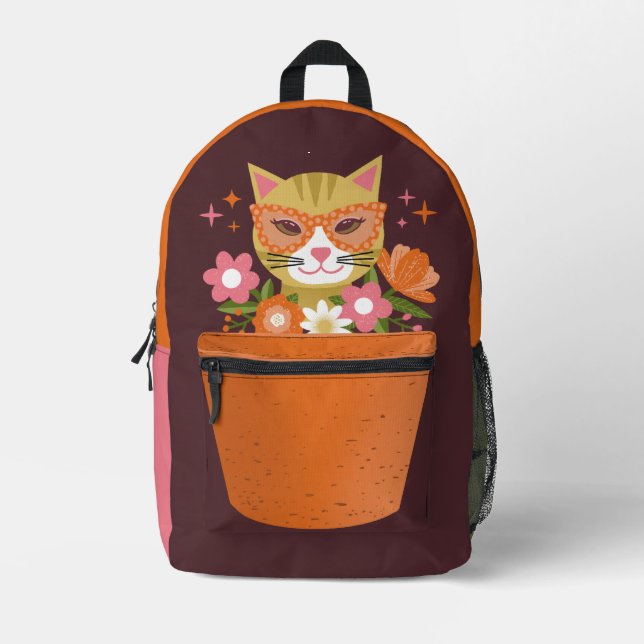Mochila Impresa Trampolín de Terracota de gato y flores (Anverso)