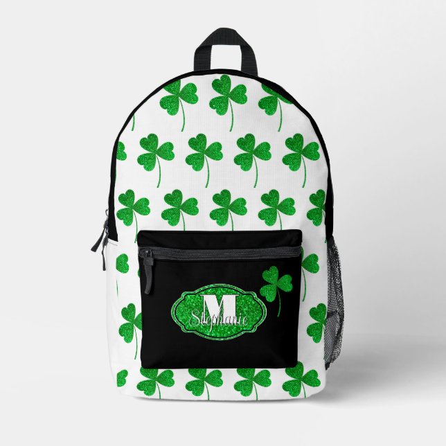 Mochila Impresa Tréboles Monogramados Verdes Brillantes de San Pat (Anverso)