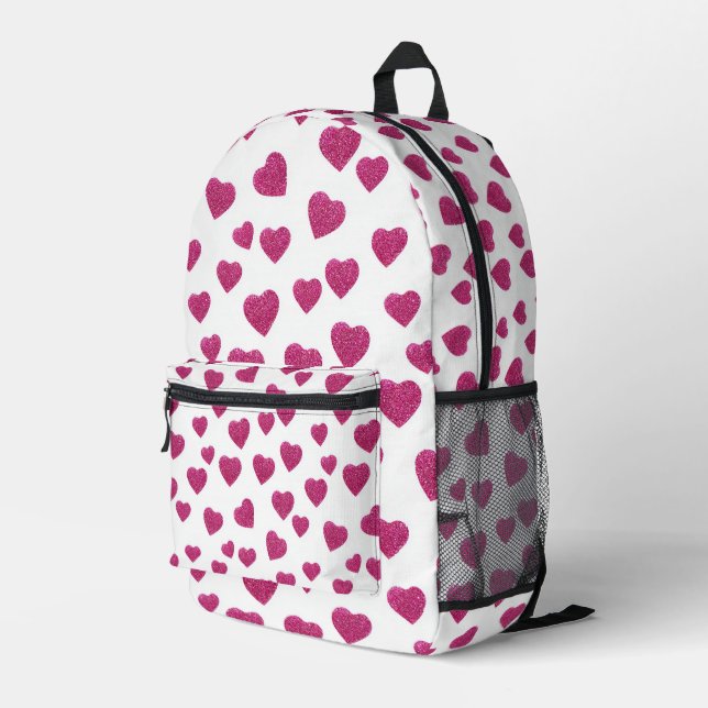 Mochila Impresa Trendy Valentine Pink Glitter Hearts on White (Esquina derecha trasera )