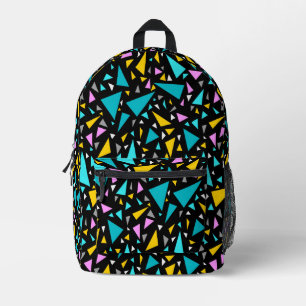 Mochila Impresa Triángulos colores amarillo azul sobre fondo negro