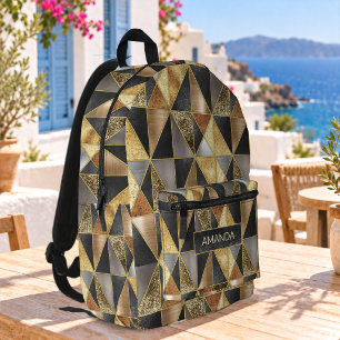 Mochila Impresa Triángulos geométricos de oro negro plateado elega