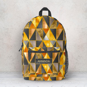 Mochila Impresa Triángulos geométricos de oro negro plateado elega