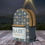 Mochila Impresa Twinkle Little Star Animal Pattern Boy Baby Name<br><div class="desc">"Estrella Pequeña Twinkle" "Bebé" nombre animal y patrón de lunas en azul oscuro y tono oro de cosecha.</div>