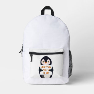 Mochila Impresa Un pingüino sosteniendo un cartel con texto person