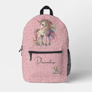 Mochila Impresa Unicornio arcoiris mágico sobre Purpurina rosa