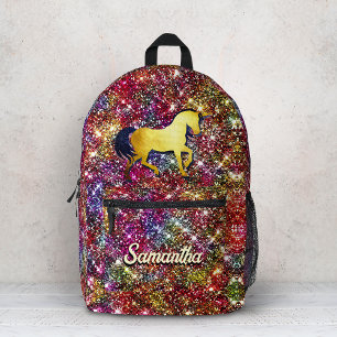 Mochila Impresa Unicornio falso brillante iridiscente rojo y negro