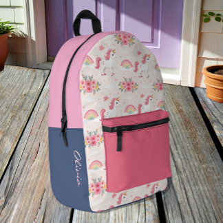 Mochila Impresa Unicornios, Arcoíris, Flores, Nombre / Moderno