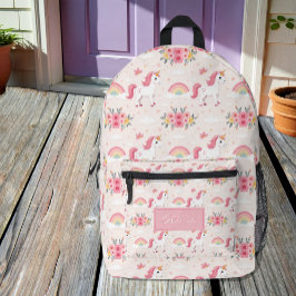 Mochila Impresa Unicornios, arcos de lluvia, flores, nombre