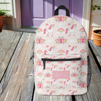 Mochila Impresa Unicornios Soñadores, Arcoíris, Flores, Nombre