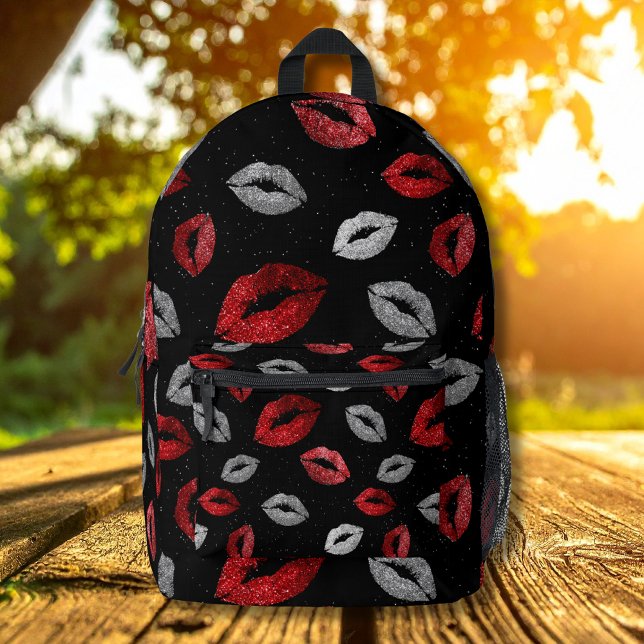 Mochila Impresa Valentines Red Silver Glitter Lips on Black  (Subido por el creador)