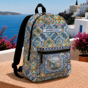 Mochila Impresa Verano Azul Floral Baldosa Citrus Monograma Italia