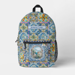 Mochila Impresa verano azulejos azules florales italianos cítricos
