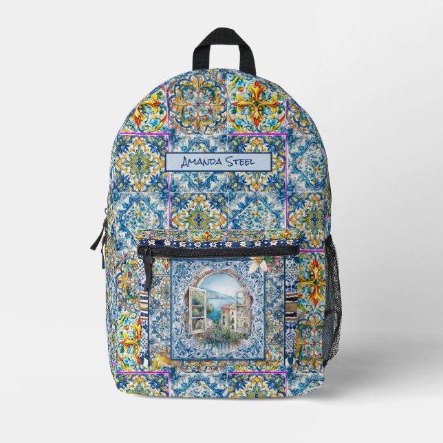 Mochila Impresa verano azulejos azules florales italianos cítricos (Anverso)