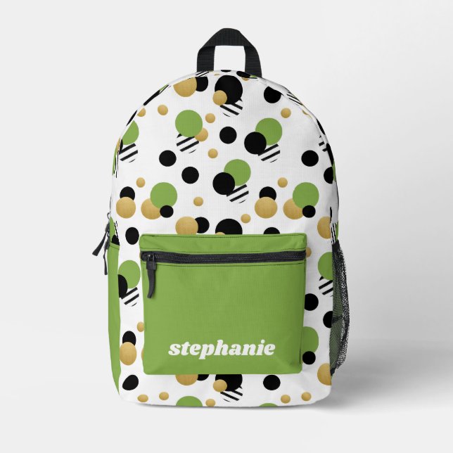 Mochila Impresa Verde del punto de polka retro personalizado (Anverso)