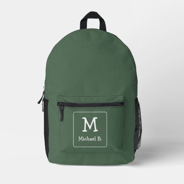 Mochila Impresa Verde oscuro con nombre y monograma en blanco (Anverso)