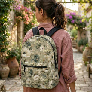 Mochila Impresa Verde Salvia Y Floral Crema 