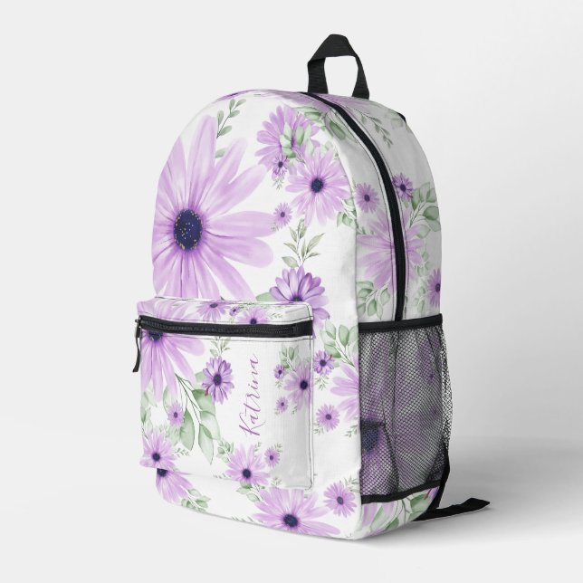 Mochila Impresa Verde violeta personalizado, flores acuáticas (Esquina derecha trasera )