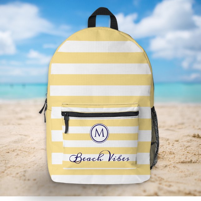 Mochila Impresa Vibes de playa Monograma de franjas blancas amaril (A yellow and white striped backpack with 'Beach Vibes' caption and custom monogram initial)