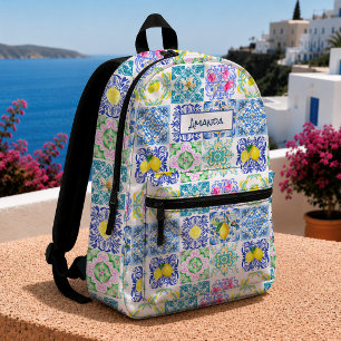 Mochila Impresa Vibrante Citrus Siciliano Mediterráneo Azulejo