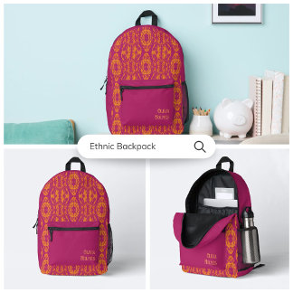 Mochila Impresa Vibrante morado Naranja étnico mosaico geométrico