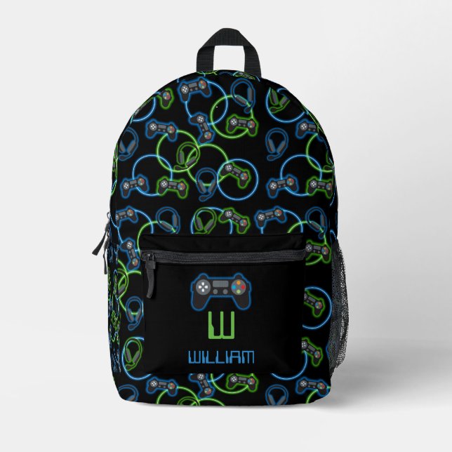 Mochila Impresa Videojuego Escuela Neon Blue & Green Pattern (Anverso)