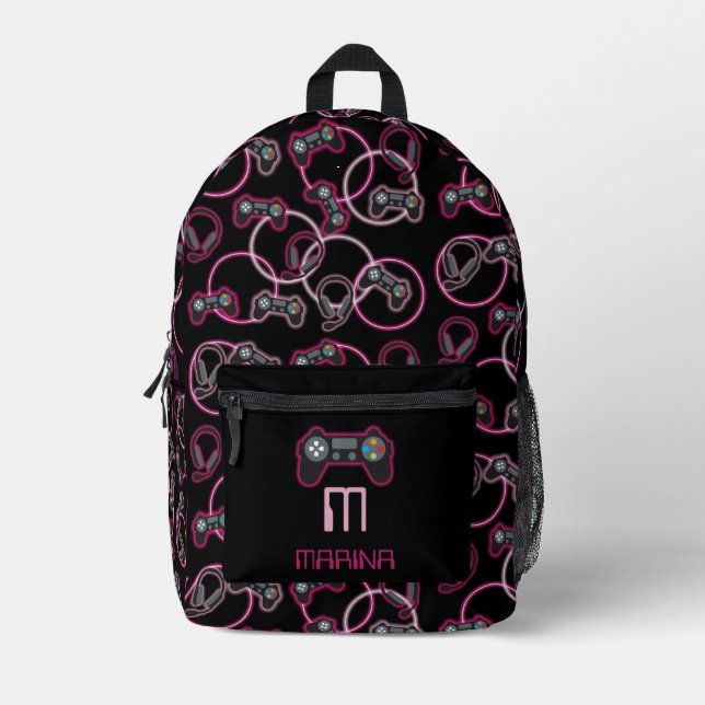 Mochila Impresa Videojuego Neon Pink Chicas Patrón Monograma Escue (Anverso)