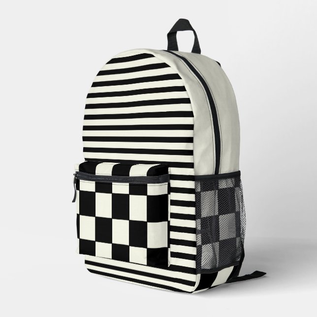 Mochila Impresa Viñeta negra de marfil a rayas y a rayas (Esquina derecha trasera )