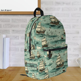 Mochila Impresa Vintage Blue Rough Sails Ship Blue Watercolor