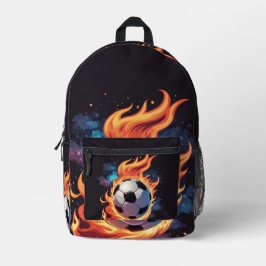 Mochila Impresa Volando una pelota de fútbol con llamas.