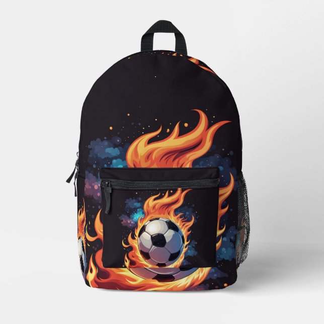 Mochila Impresa Volando una pelota de fútbol con llamas. (Anverso)