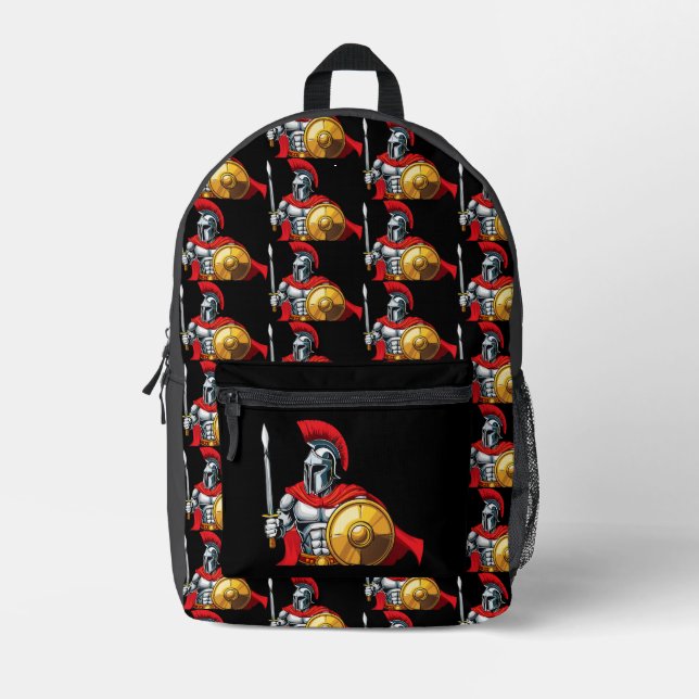 Mochila Impresa warrior holding sword and shield ready for battle (Anverso)