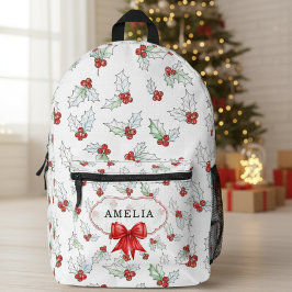 Mochila Impresa Watercolor Holly Berries  Red Ribbon Custom Name