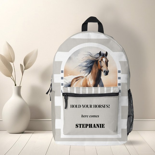 Mochila Impresa Watercolor Horse Tan moderno (Modern backpack featuring a watercolor painting of a wild running horse on grey tan white stripes)