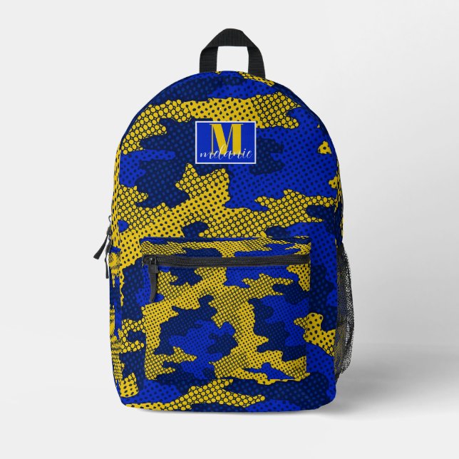 Mochila Impresa West Virginia Blue & Gold Camo Printed (Anverso)