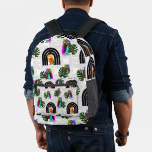 Mochila Impresa Whimsical Boho Owl & Tropical Monstera Leaf
